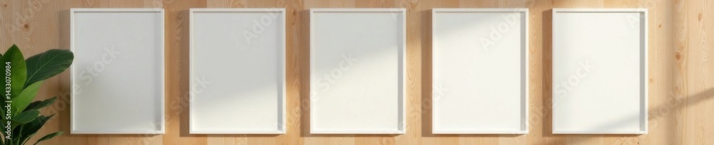 Fototapeta premium Empty white photo frames on a wooden wall in a minimalist modern home, geometric shapes, clean lines, empty spaces