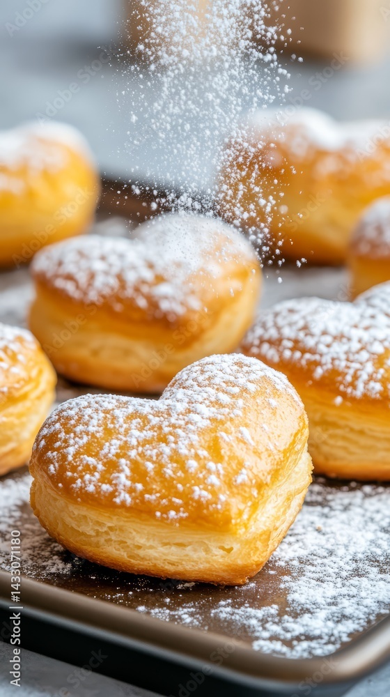 Heart Shaped Puff Pastries with Powdered Sugar on Tray for Valentine’s Day or Romantic Dessert