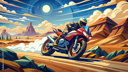 motorcycle racing through desert landscape, kicking up dust and showcasing speed