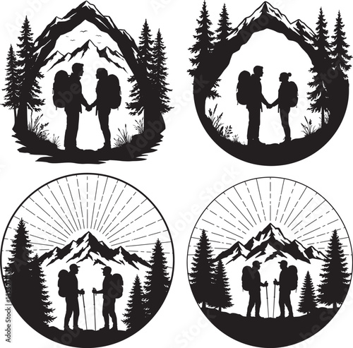 Hiking Couple Silhouette Backpacking Partners Outdoors Mountain Adventure Together