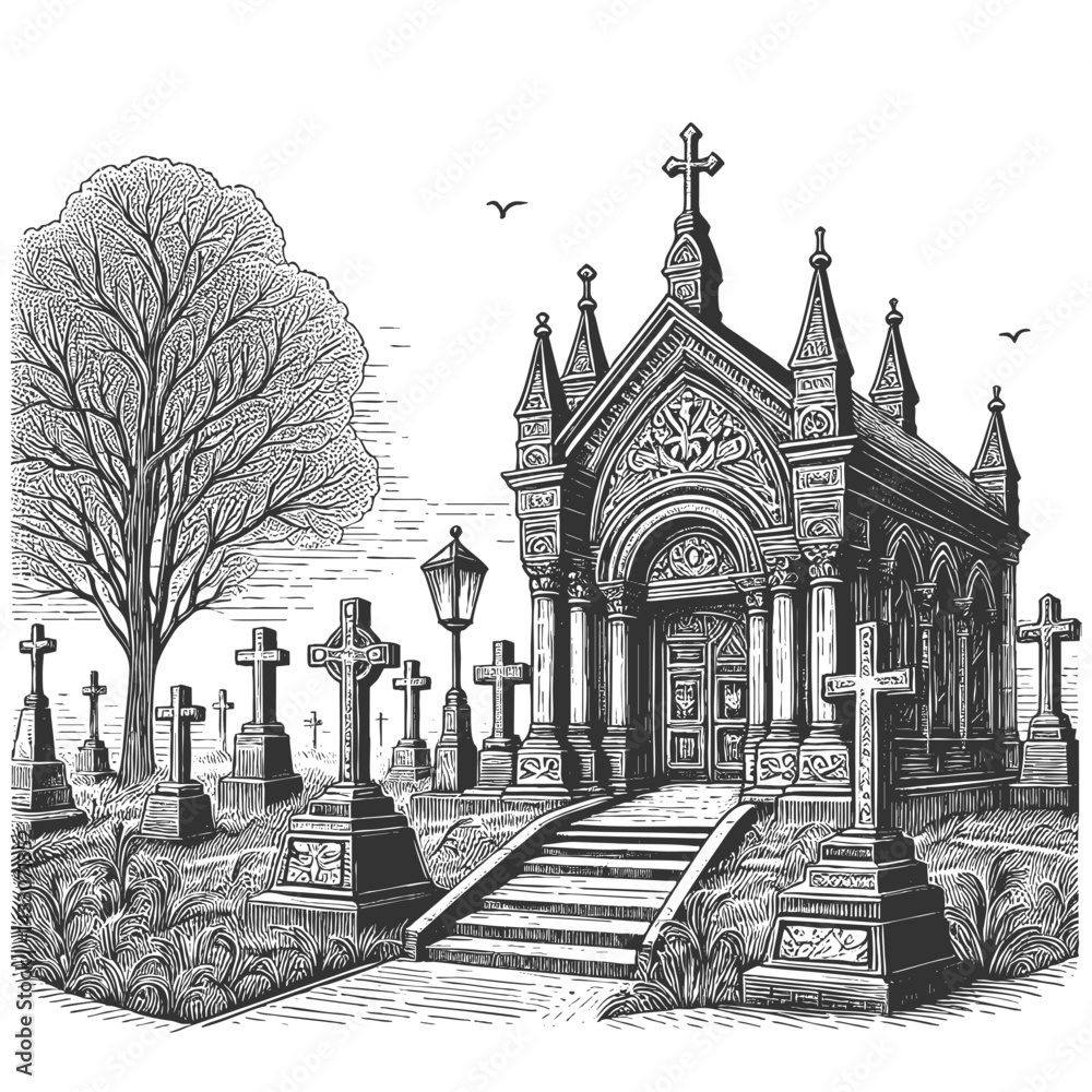 Obraz premium old cemetery with ornate tombstones, crosses, leafless trees, and birds flying overhead sketch engraving generative ai vector illustration. Scratch board imitation. Black and white image.