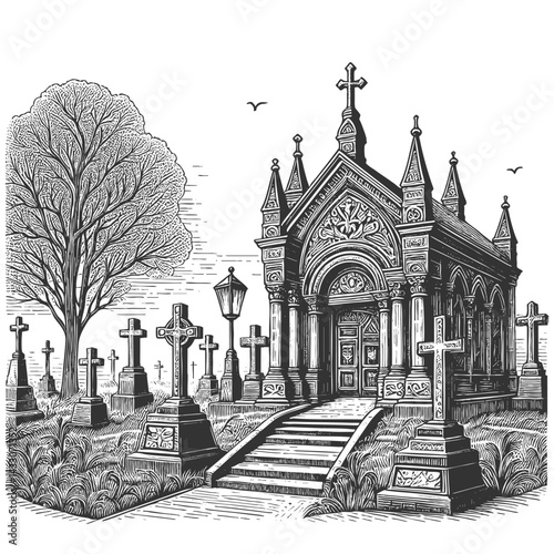 old cemetery with ornate tombstones, crosses, leafless trees, and birds flying overhead sketch engraving generative ai vector illustration. Scratch board imitation. Black and white image.
