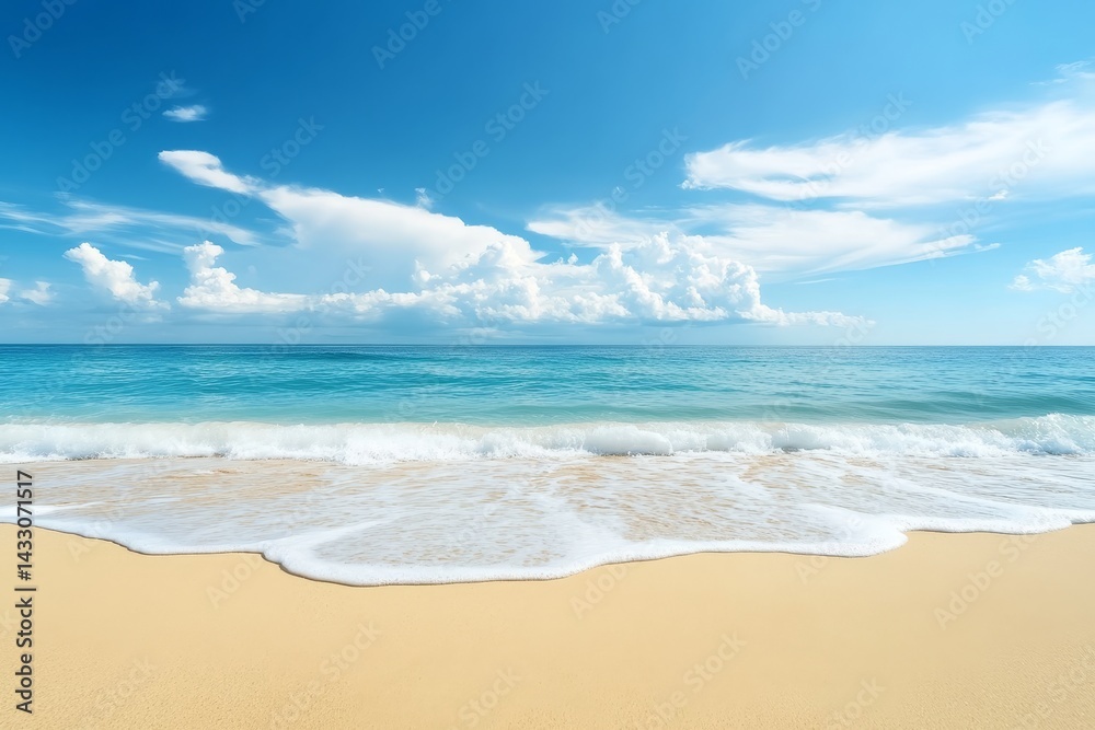 Fototapeta premium Sunny coastal scene with gentle waves and fluffy clouds.
