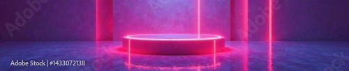 Minimalist podium with glowing LED lights reflected in a mirror-like surface, producing an otherworldly ambiance, glow, reflection, abstract