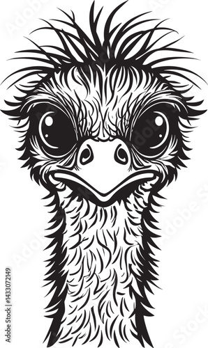 head emu isolated on white background, black and white, vector illustration