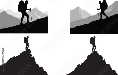 Mountain Hiking Silhouette Climber Summit Peak
Hiker Summit Silhouette Mountain Climbing Adventure
Mountain Peak Hiker Silhouette Climbing Scene
Climbing Mountain Summit Hiker Silhouette Graphic
Hiker