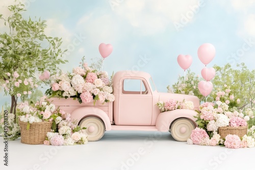 Vintage Pink Truck Overflowing with Roses and Balloons in Whimsical Spring Floral Garden Scene