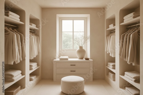 soft mediterranean walk-in closet with open niches and natural textures photo