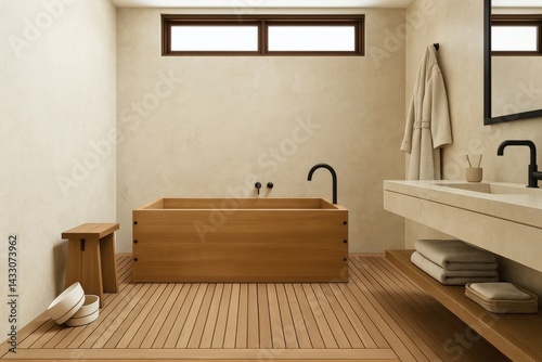 Warm Mediterranean bathroom with wooden bathtub and neutral travertine textures photo