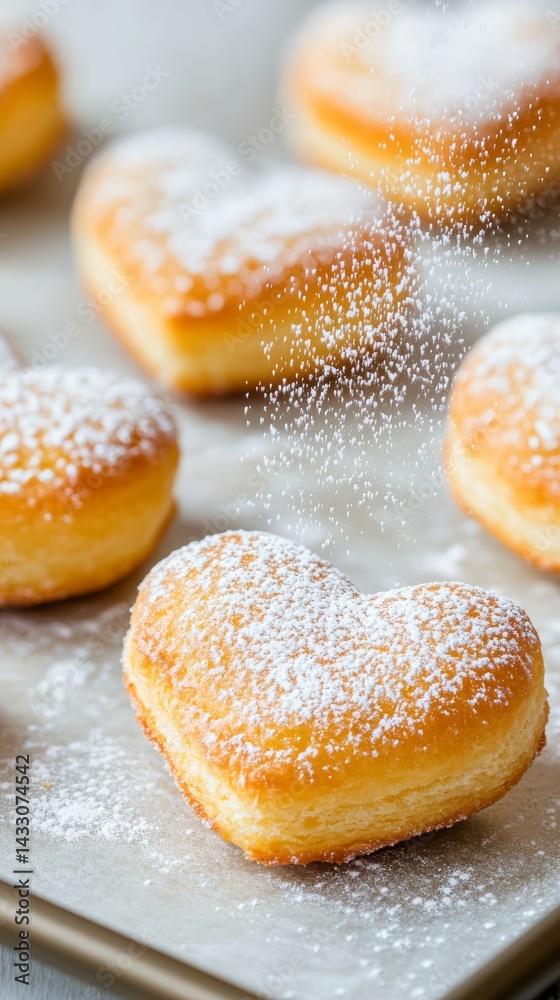 Heart Shaped Puff Pastries with Powdered Sugar on Tray for Valentine’s Day or Romantic Dessert