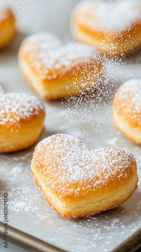 Obraz na płótnie Heart Shaped Puff Pastries with Powdered Sugar on Tray for Valentine’s Day or Romantic Dessert w salonie