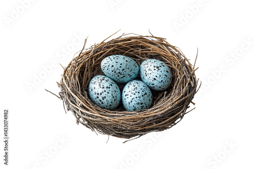 A rustic brown nest cradles four blue eggs with dark speckles, symbolizing new life, isolated on a transparent background