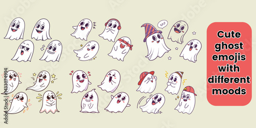 Cute ghost emojis with different moods: shy, mischievous, sleepy, excited, outlined style with colorful details, high resolution PNG