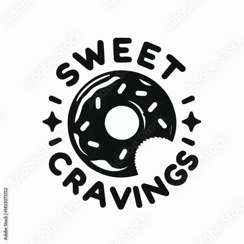 Sweet Craving Donut: A monochrome illustration of a donut, adorned with the phrase "Sweet Cravings" in an enticing and appealing design, symbolizing indulgence and desire.