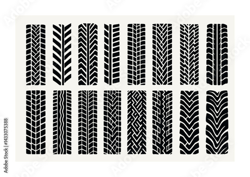 Vehicle tire treads silhouette icons set – solid style automotive and transportation symbols for design: all-terrain, motorcycle, bicycle, racing, snow, off-road.