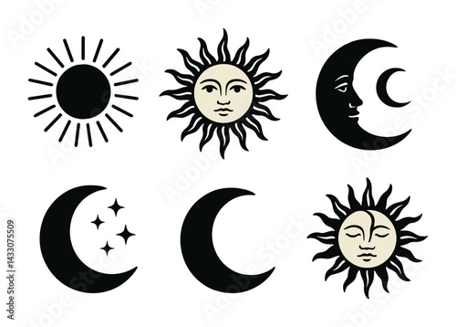 Celestial solid icons set – flat style astronomy, astrology, and cosmic symbols for space enthusiasts: sun, moon, stars, sun face, moon face, crescent, celestial body.