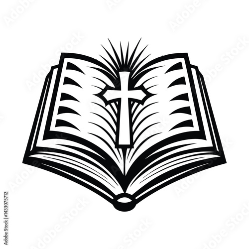 Open Book Silhouette With Cross Shining Radiance Black and White Religious Symbol