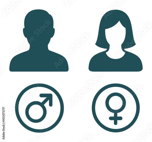Human profiles and gender symbol icons – solid style identification and demographic signs for communication: male figure, female figure, male symbol, female symbol
