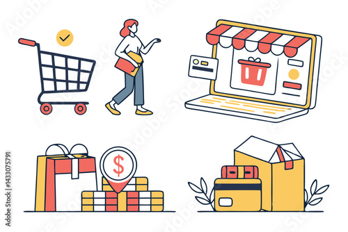 Online Shopping and Payment Illustration with Cart, Customer, Storefront, and Delivery