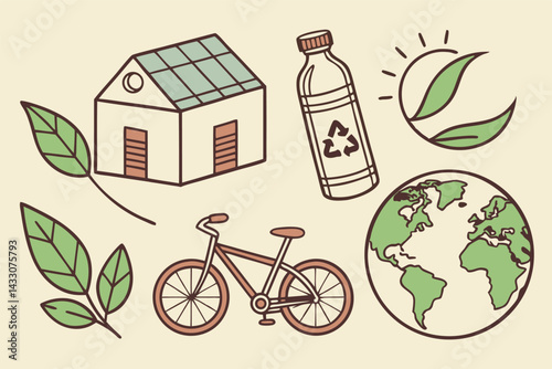 Eco-Friendly Lifestyle Illustration Featuring Recycling, Green Energy, and Sustainability Elements