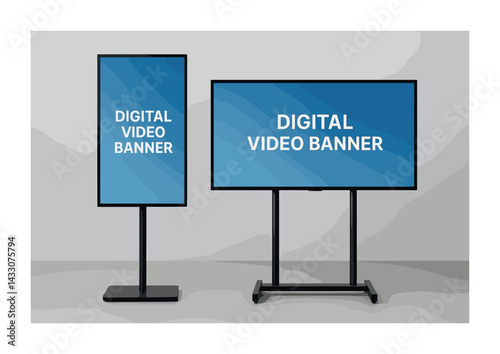 Digital advertising screen icons set - flat style urban marketing, promotion, and display symbols for branding: digital screen, banner, led display, billboard, signage
