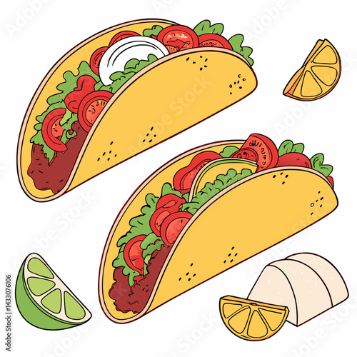 Two Tasty Tacos:  Hand-Drawn Illustration, Vibrant Colors.