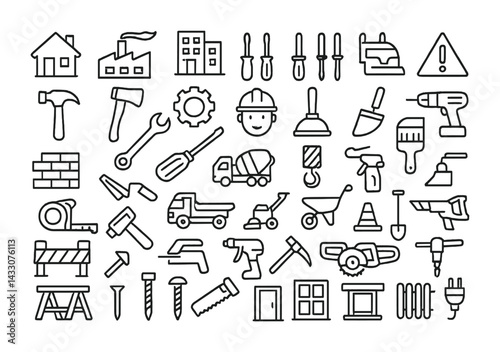 Construction icon set – outline style tools, safety, and building symbols for industrial design: hammer, hard hat, saw, wrench, truck, drill, brick wall