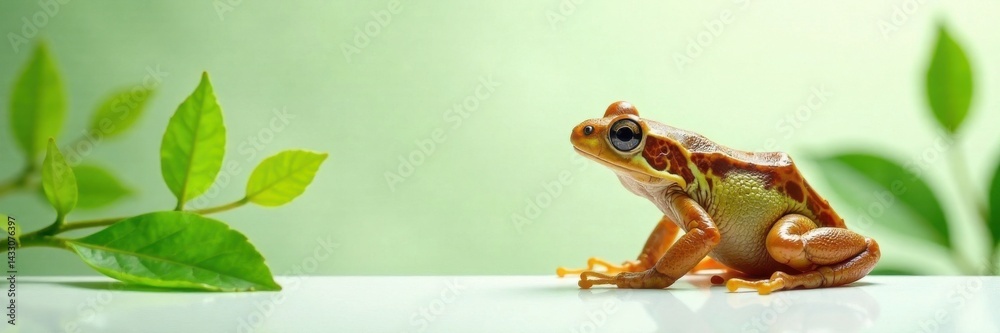 Fototapeta premium Grenouille cach?e derri?re un panneau blanc avec des feuilles vertes, greenery, white panel, water