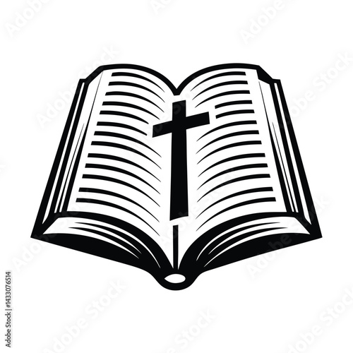 Open Book Silhouette with Christian Cross Symbol, Simple, Modern, Isolated on White