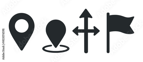 Navigation and direction silhouette icons set – solid style gps, location, and map symbols for seamless travel: map pin, location marker, compass arrows, flag.