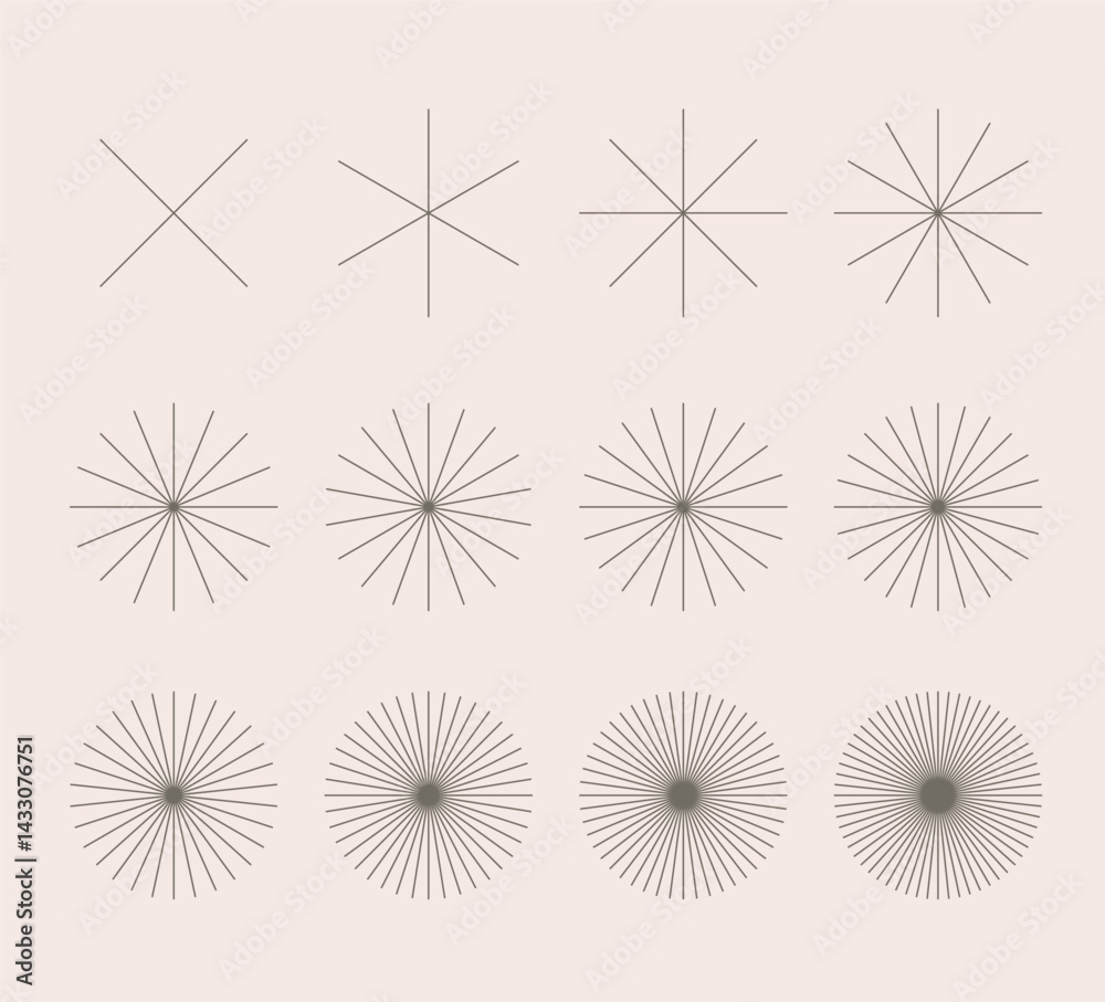 Obraz premium Radial round thin rays sunburst symbol. Abstract geometric logo shapes, stars. Starburst vector stripes
