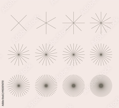 Radial round thin rays sunburst symbol. Abstract geometric logo shapes, stars. Starburst vector stripes