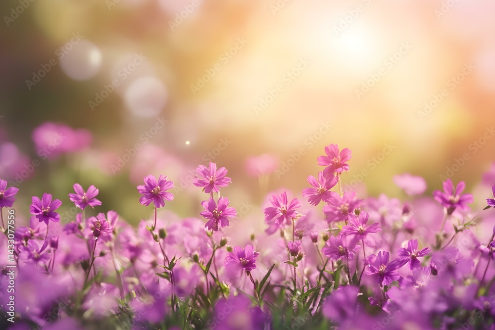 Naklejka premium Dreamy Pink Spring Background with Bokeh and Wild Purple Flowers