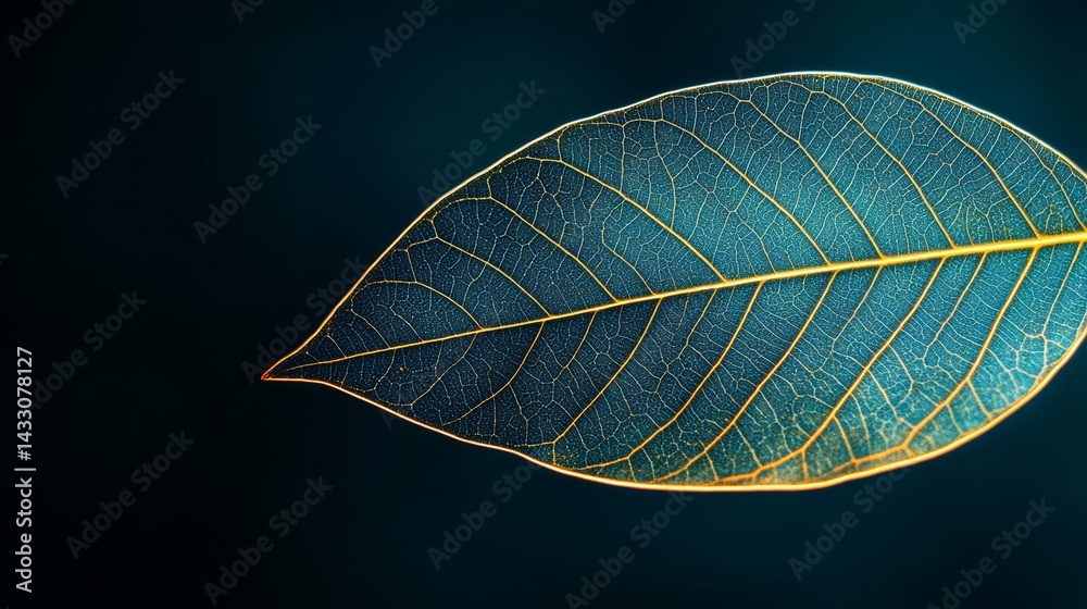 Detailed Blue Leaf with Glowing Golden Veins on Dark Background in Macro Botanical Photography