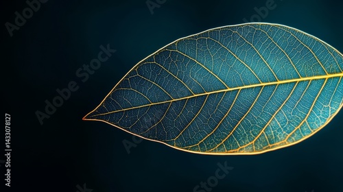 Obraz na płótnie Detailed Blue Leaf with Glowing Golden Veins on Dark Background in Macro Botanical Photography w salonie