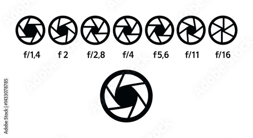 Photography icon set – outline style for camera enthusiasts and shutterbugs: aperture, lens, shutter, exposure, iso, f-stop, flash, tripod