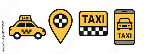 Taxi service outline icon set – linear style transport, urban mobility, and cab symbols for city navigation: taxi car, location pin, taxi sign, mobile app, city transport.