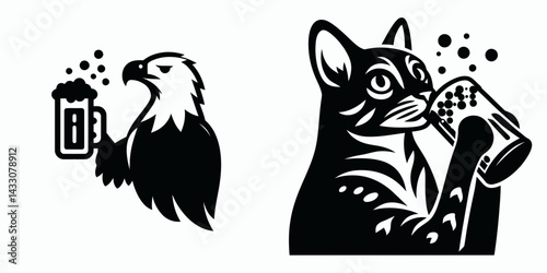 Bald Eagle drinking beer. Funny Animal Vector Clip art. American avian creature imbibing brew patriotic beverage concept.