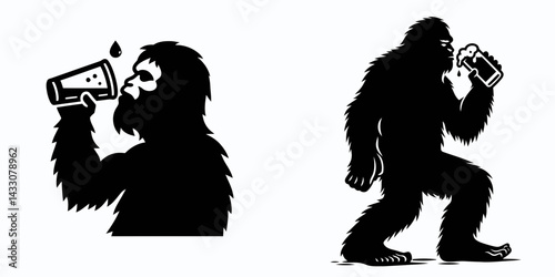 Bigfoot drinking beer. Funny Animal Vector Clip art. Cryptid consuming brew a mythical creature enjoying alcoholic beverage.
