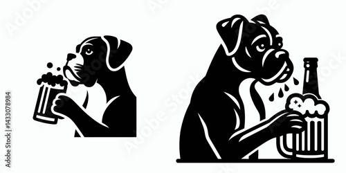Boxer Dog drinking beer. Funny Animal Vector Clip art. Canine savoring malt beverage stout hound enjoying alcoholic drink.