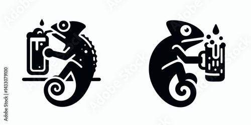 Chameleon drinking beer. Funny Animal Vector Clip art. Reptile imbibing ale quirky zoological scene with humorous alcoholic beverage theme.