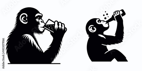 Chimpanzee drinking beer. Funny Animal Vector Clip art. Ape enjoys alcoholic beverage primate sips malt liquor refreshment imbibe.