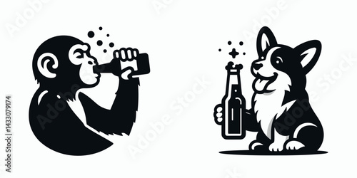 Chimpanzee drinking beer. Funny Animal Vector Clip art. Ape imbibing brew primate enjoying refreshment unusual behavior.