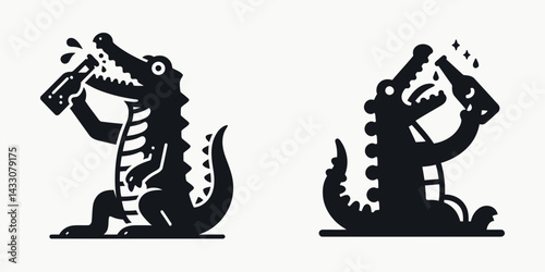 Crocodile drinking beer. Funny Animal Vector Clip art. Reptile savoring brew lager-loving gator indulging alcoholic beverage.