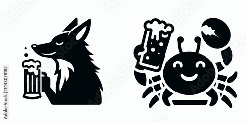 Coyote drinking beer. Funny Animal Vector Clip art. Wild canine enjoying beverage desert creature having bottled ale moment.