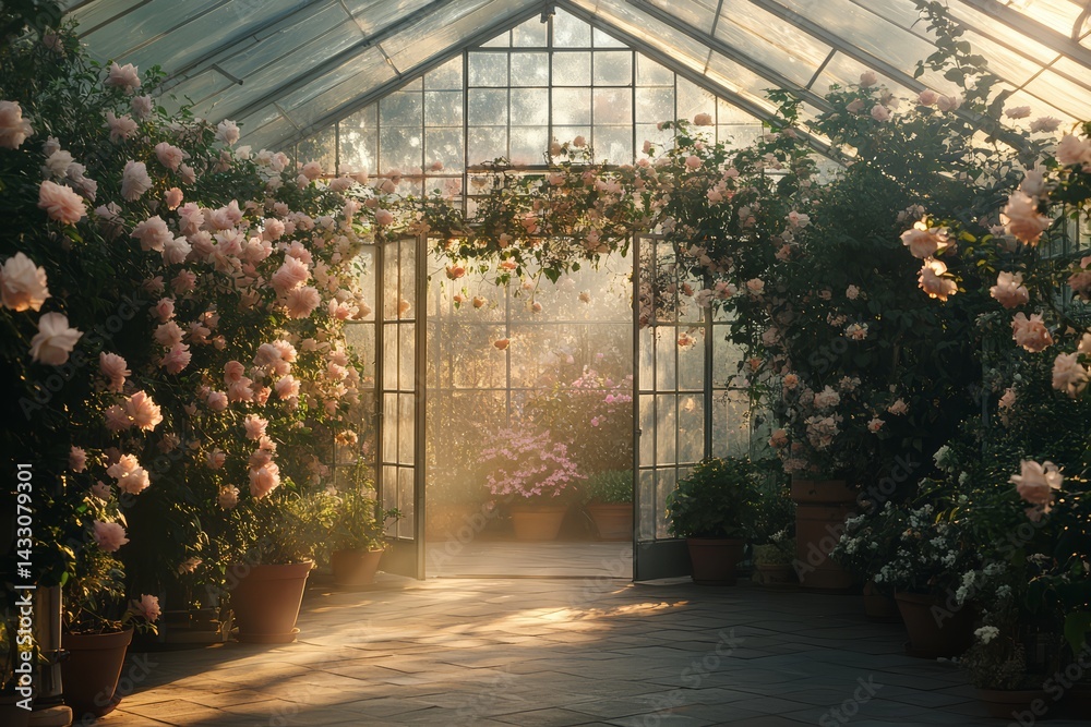 Beautiful Sunlit Greenhouse with Blooming Flowers and Glass Doors Opening to Lush Garden Path