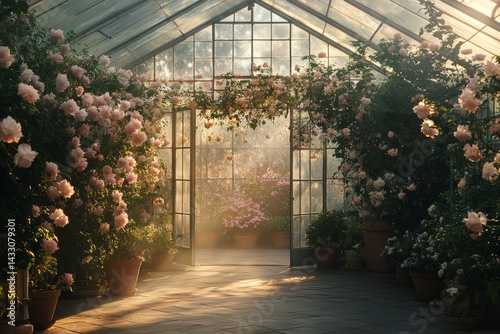 Obraz na płótnie Beautiful Sunlit Greenhouse with Blooming Flowers and Glass Doors Opening to Lush Garden Path w salonie