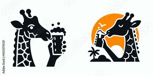 Giraffe drinking beer. Funny Animal Vector Clip art. Tall mammal imbibing alcoholic beverage odd wildlife concept illustration.