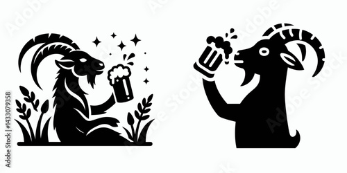 Goat drinking beer. Funny Animal Vector Clip art. Caprine savoring malt liquor a comical farm enjoying beverage.