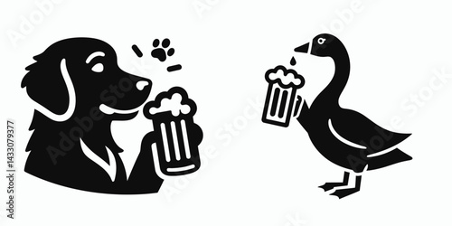 Golden Retriever Dog drinking beer. Funny Animal Vector Clip art. Canine companion enjoying malt beverage golden-haired breed having alcoholic drink.